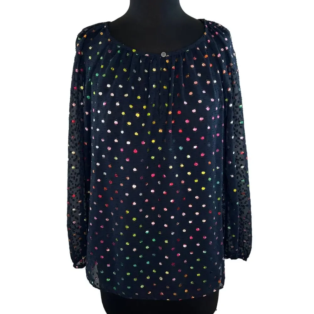 J. Crew Popover Long Sleeve Navy Blue Multi Rainbow Clip Dot Chiffon Blouse M